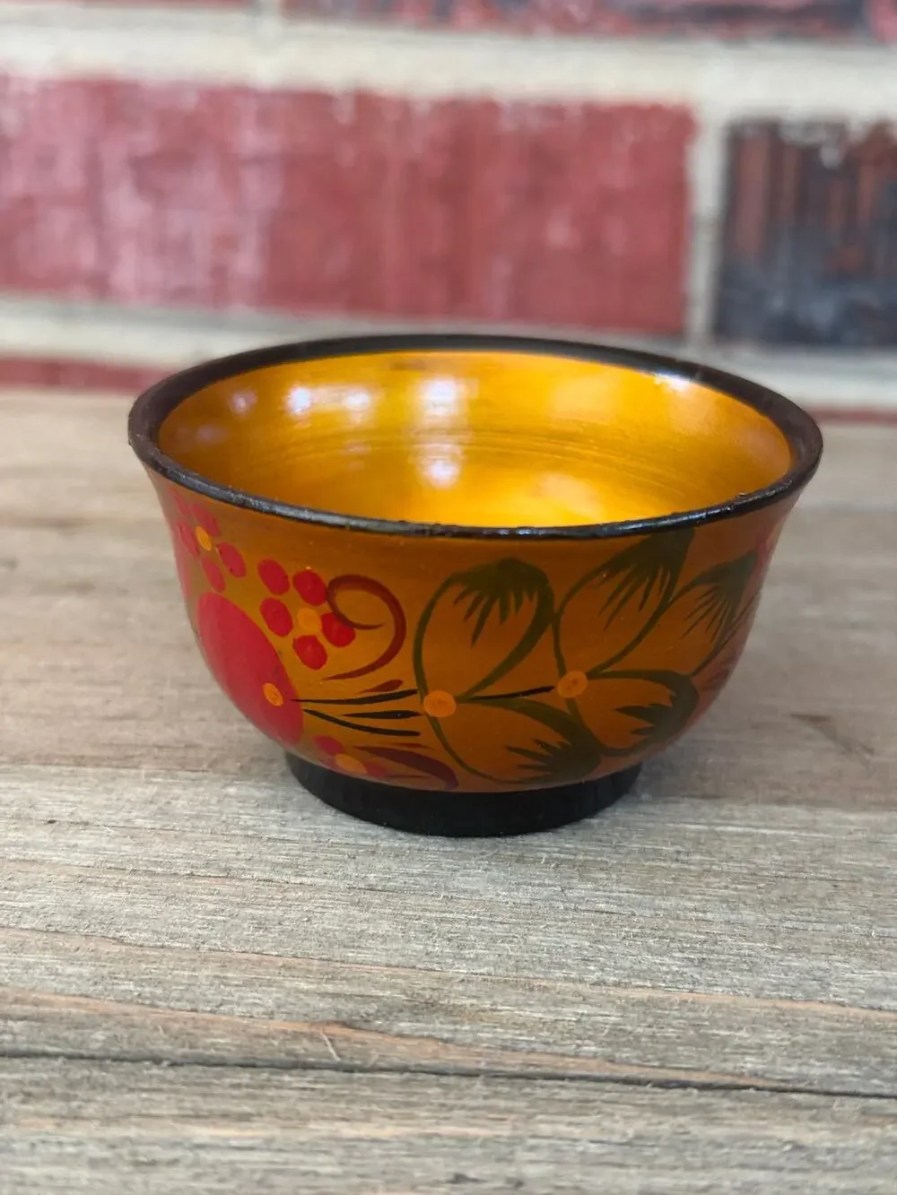 Vintage Russian Khokhloma Mini Wood Bowl Salt Cellar Folk Art